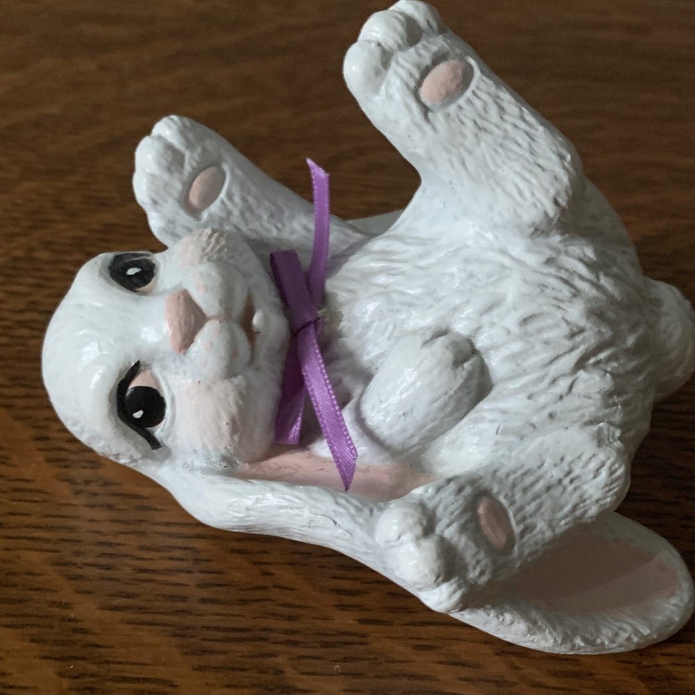 Adorable White Bunny Figurine with Purple Bow